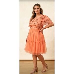 Ivy City Co Peach Tulle Mini Dress with Embellished Bodice